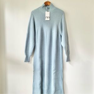 ZARA | NWT LONG HEAVY KNIT MOCK NECK SWEATER MAXI DRESS (LIGHT BLUE)